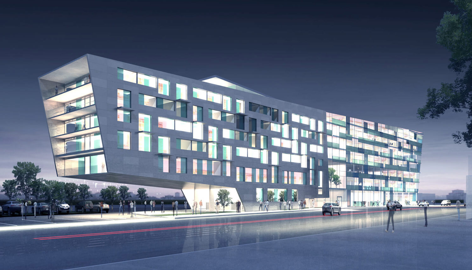 "Visualisierung eines modernen, geometrisch strukturierten Gebäudes mit großflächigen Fenstern im Messequartier Graz bei Nacht, entworfen für Mischnutzung (Büro, Hotel, Geschäfte)."